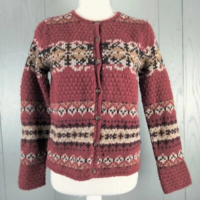 Eddie Bauer Lambswool Cardigan Sweater Petite XS Red Fair Isle Chunky Knit Warm - Image 1 of 4