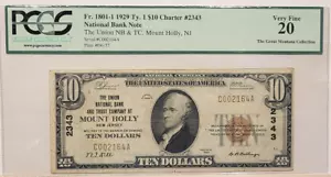 1929 $10 Mount Holly New Jersey National Currency PCGS Very Fine 20 Charter 2343 - Picture 1 of 2