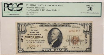 1929 $10 Mount Holly New Jersey National Currency PCGS Very Fine 20 Charter 2343 - Image 1 of 2