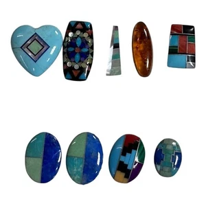 Vintage Zuni Inlaid Gemstone Cabochon Lot Amber Turquoise Inlay Design Malachite - Picture 1 of 11