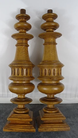 Antique French Pair Carved Wood Trim Posts Pillars Columns Oak  14.6" T Cover