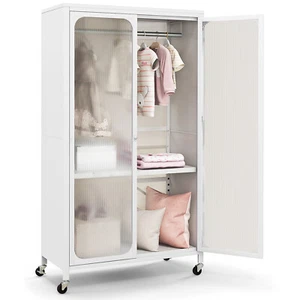 Storage Wardrobe Cabinet Mobile Armoire Closet w/ Hanging Rod & Adjustable Shelf - Picture 1 of 11