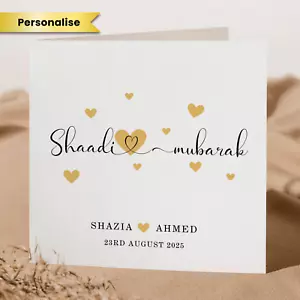 Custom Shaadi Card Muslim Couple Nikah Shaadi Islamic Wedding Gift Gold Hearts - Picture 1 of 2