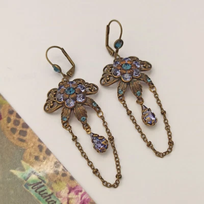 Michal Negrin Earrings Long Light Purple Blue Crystal Flower Chain Romantic Drop - Image 1 of 4