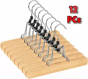 12 Pack Natural Wooden Pants Hangers with Clips, Non-Slip Skirt Hangers, Swivel - Picture 1 of 8