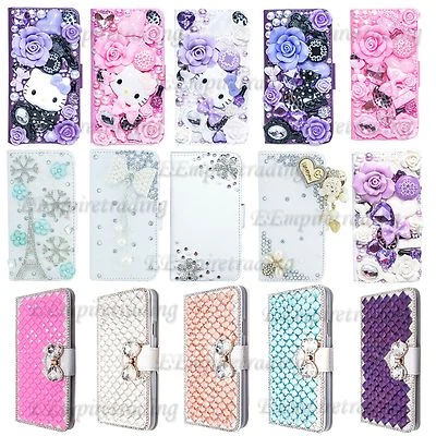 Luxury Magnetic Flip 3D Bling Handmade Leather Flip Wallet Case For Smart Phone - Image 1 of 2