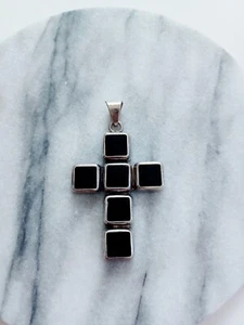 Vintage Mens Large Onyx Geometric Cross Pendant 925 Sterling Silver Heavy Vtg - Picture 1 of 5