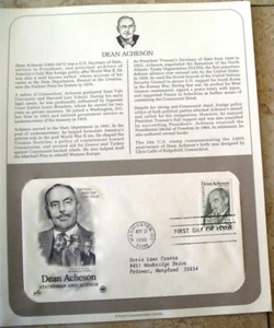 Postal Society First Day Cover FDC stamp # 2755 29 cent Dean Acheson 1993 - Picture 1 of 1