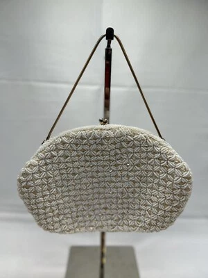 Vintage Cream Colored Beaded Sequin Evening Clutch Hong Kong 50s/60s Gold Purse - Image 1 of 4