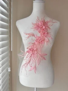 Pink Applique 52" x 7" in Embroidered 3D Flowers and Beaded With Perls For Dance - Picture 1 of 7