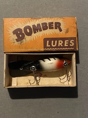Vintage Water Bomber Dog Wood Fishing Lure Rare, Black, And White Red Face W/box - Image 1 of 4