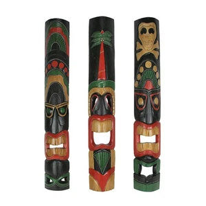 Zeckos Set of 3 Hand Carved 39 Inch Tall Island Style Polynesian Tiki Masks - Picture 1 of 7