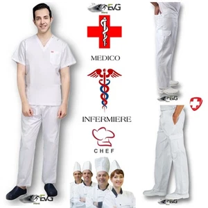 PANTALONE BIANCO 100%COTONE FRESCO SANITARIO LAVORO CUOCO CHEF MEDICO INFERMIERE - Foto 1 di 11