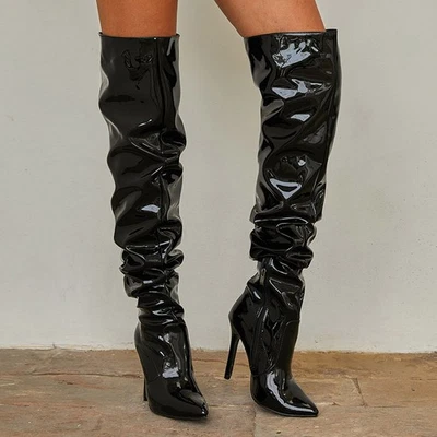 Shiny Stretch Over The Knee Boots Womens High Heels Pointed Toe Pleated Boots Sz - Image 1 of 4