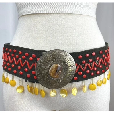 MAROSA Womens (M) Belt Olive Suede Beaded Moroccan Brass Buckle Boho Festival - Image 1 of 4