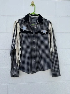 Vintage Western Hemd Fransen Kristall verziert Sterne Baumwolle schwarzweiß kariert Gr. M gebraucht, in einwandfreiem Zustand - Bild 1 von 11