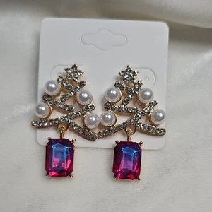 Orecchini donna albero di natale perle strass blu rosa pendenti moda nuovi senza etichette - Foto 1 di 5