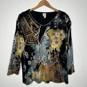 Jane & Jess Knit Top Womens XL Black Abstract Rhinestone Cotton Art to wear Vtg - Picture 1 of 8