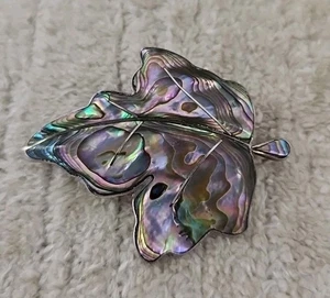 VINTAGE MEXICO TAXCO ABALONE LEAF STERLING SILVER 925 BROOCH PIN NATURAL RETRO - Picture 1 of 3
