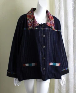 Recycled Traditions Sz L Guatemala Art Floral Hand-Woven Textile Jacket Indigo - Picture 1 of 8