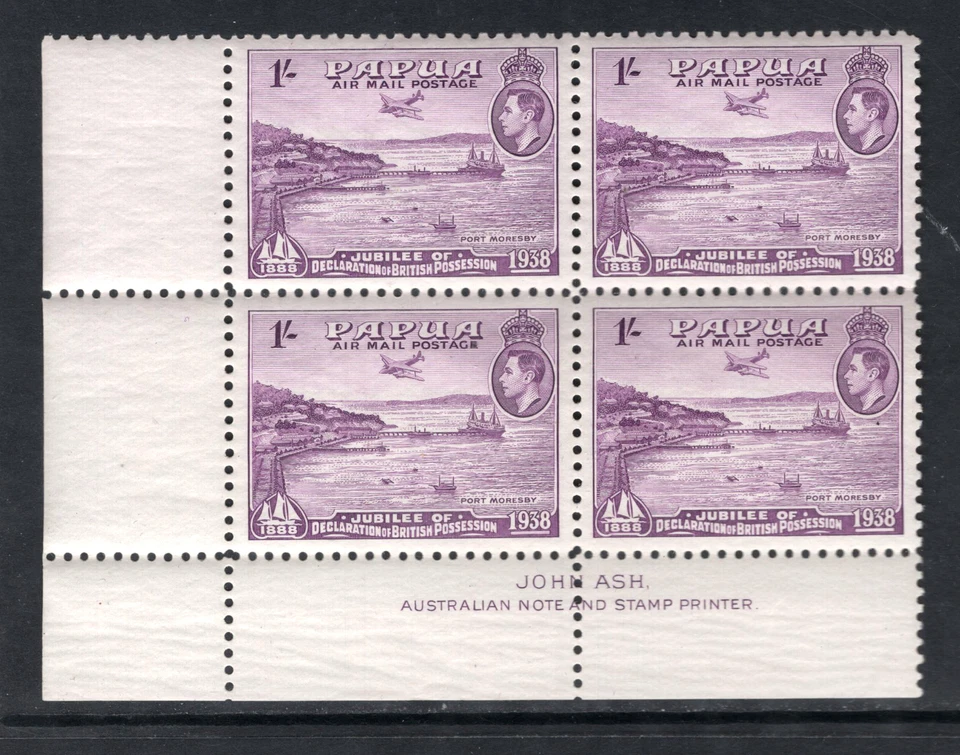 M18289 Papúa 1938 SG162 - 1/- malva IMPRESIÓN JOHN ASH bloque de 4 desde la esquina izquierda Foto 1 de 1