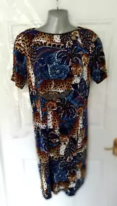 Biba Size 8 Royal Blue Brown Cheetah Floral Soft Stretchy Zip Neckline Dress - Picture 1 of 12