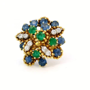 Estate 18k Yellow Gold Diamond Emerald Sapphire Beaded Band Flower Cocktail Ring - Picture 1 of 10