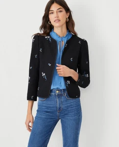 NEW ANN TAYLOR $179 BLACK EMBROIDERED FLORAL TWEED JACKET SZ 4 - Picture 1 of 3