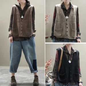Women Knit Vest Hollow Sweater Jumper Cardigan Top Waistcoat V-neck Ethnic - Picture 1 of 15