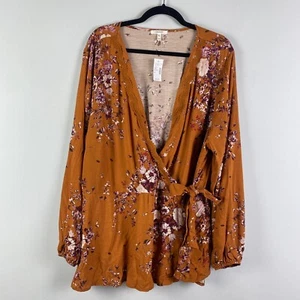 Maurices Top Womens 2X Orange Floral Faux Wrap Long Sleeve Crochet Elastic Waist - Picture 1 of 10