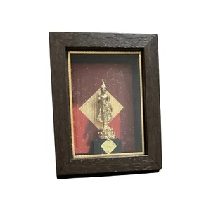 Small Frame Metal Standing Buddha Gold Leaf Thai Gift Souvenir Teak Wood - Picture 1 of 9