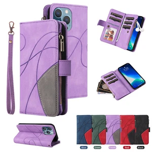 Zip Wallet Case For iPhone 15 14 Plus 13 12 mini 11 Pro Max Leather Card Cover - Picture 1 of 24