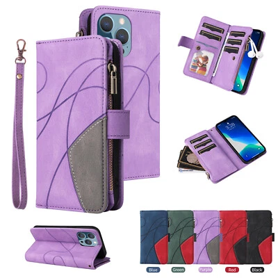 Zip Wallet Case For iPhone 15 14 Plus 13 12 mini 11 Pro Max Leather Card Cover - Image 1 of 4