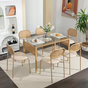 7PCS Boho Rattan Dining Sets,Glass Table & 6Chairs Metal Leg Kitchen Living Room - Picture 1 of 23
