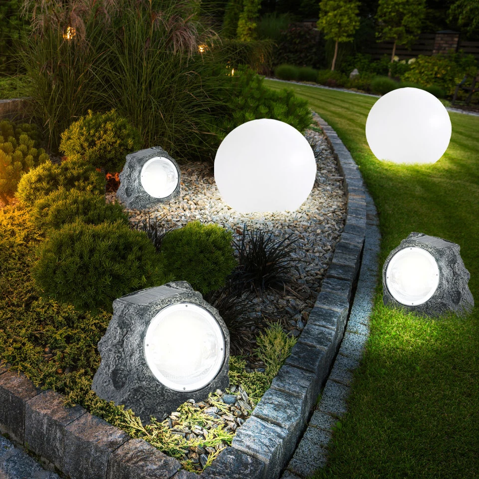 Lampe Solaire Lampe Extérieure Pierre Boule Optique Jardin Déco Gris LED 5er Set - Photo 1/4