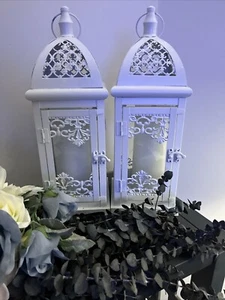 Vintage White Lanterns (metal & Glass)  - Set of 2 - candle NOT Included - Picture 1 of 5