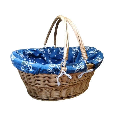 vintage large handmade wicker handle basket lined with blue paisley print Cover