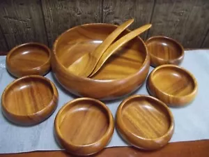 Vintage Hawaiian Monkey Pod Wood Salad Bowl Set Blair Hawaii 9 Piece - Picture 1 of 16