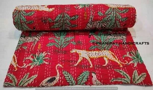 Indien Queen Animal Print Blanket Red Summer Cotton Home D?cor Kantha Quilt - Picture 1 of 4