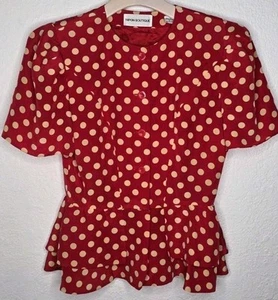 Vtg 80's NIPON BOUTIQUE Silk Red Polka Dot Puff Sleeve Pinup Peplum Blouse Sz 6 - Picture 1 of 13