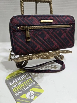 TRAVELON 安全 ID RFID 阻断勃艮第/海军拉链钱包带腕带 ** — 第 1/4 张图片