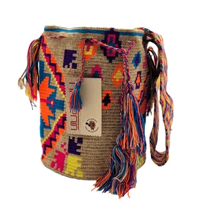 LIGHT BROWN 🇨🇴 Handmade Large Wayuu Tribe Mochila Bucket Boho Bag - Picture 1 of 9