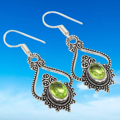 Peridot Gemstone 925 Sterling Silver Earring 1.8" N484 - Image 1 of 4
