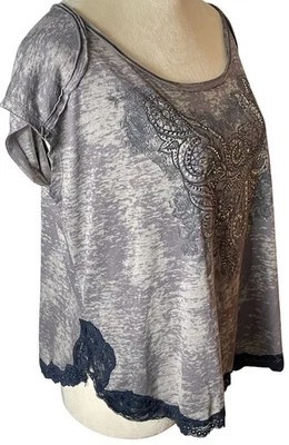 Miss Me Embellished Bedazzled Y2K Tshirt Rhinestones Lace M Grey Womens Studded - Image 1 of 4