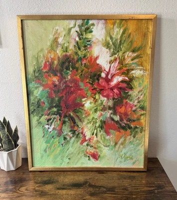 Mid Century Modern Abstract Floral Oil Painting Signed M Apple Vintage Art 1975 - Image 1 of 4