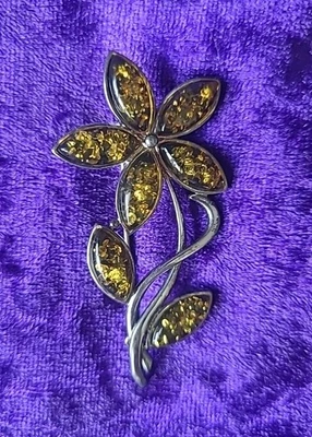 Hermoso broche vintage con diseño de flores de plata esterlina ámbar báltico Foto 1 de 2