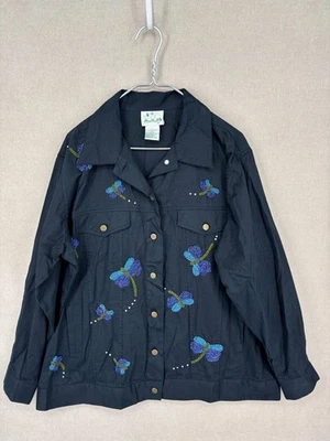 The Quacker Factory Jacket Womens 1X Black Beaded Dragonflies Artsy Art to Wear - Image 1 of 4