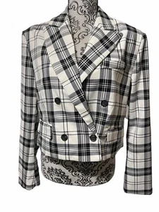 Forever 21 Cropped Black + White Plaid Double Breasted Blazer Size Large New - Picture 1 of 10