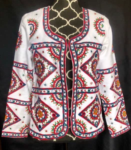 Nina Kaufmann Ivory AnthropologieBoho Multicolor Embroidery Mirrored Jacket sz M - Picture 1 of 10