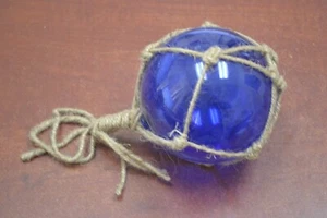 REPRODUCTION COBALT BLUE GLASS FLOAT BALL BUOY WITH FISHING NET 4" #F-502 - Picture 1 of 1